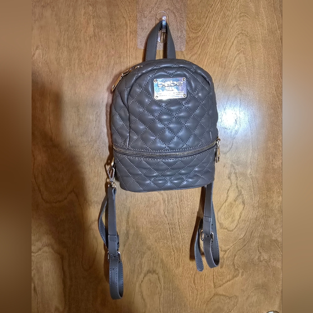 EUC Greige BEBE Small Quilted Backpack Dual Zippers Adj Straps Goldtone Hardware